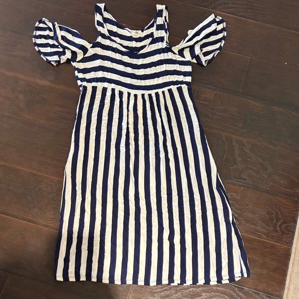 Egy Navy Striped Open Shoulder Dress